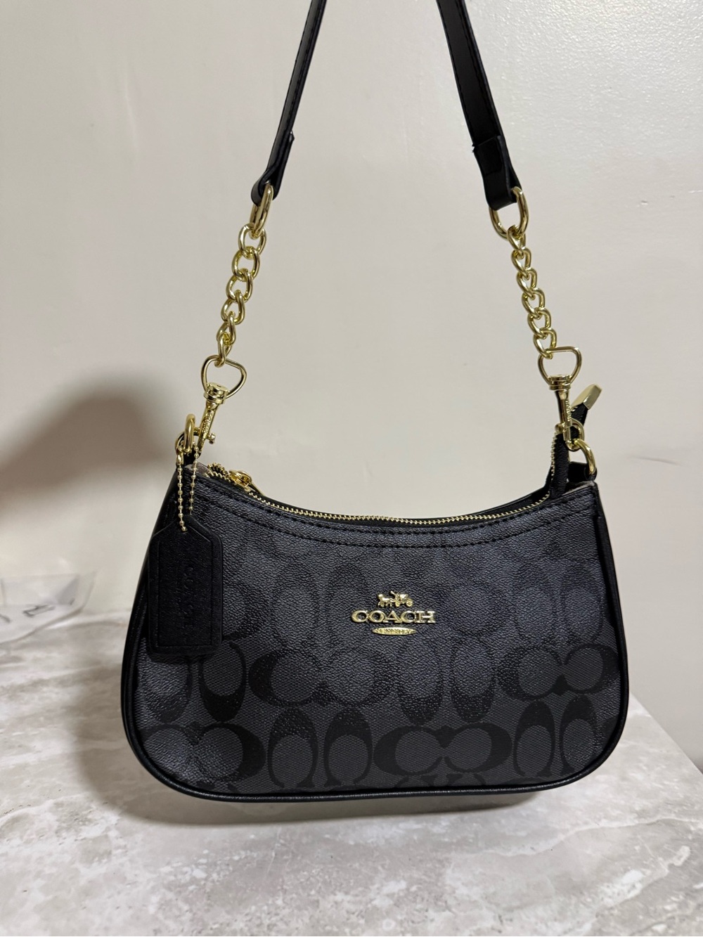 Coach Black Signature Canvas Shoulder Bag with Gold Hardware